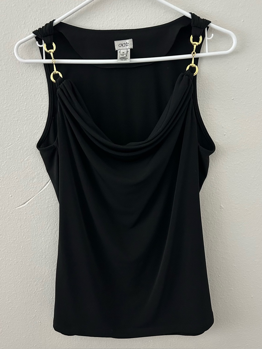 Vintage Cache Black Top Women’s M Gold Chain Straps Cowl Neck 90s Y2K Going Out